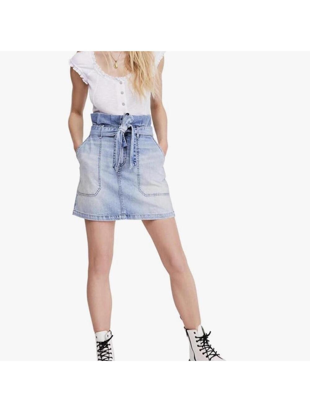 Free People Womens Splendor in The Grass Denim Paperbag Waist Mini Skirt